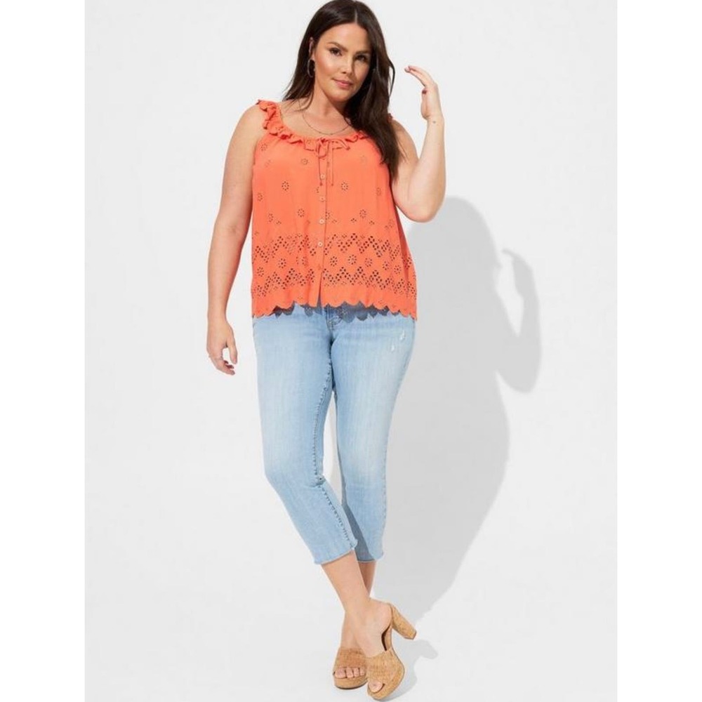 Torrid Womens Coral Orange Eyelet Ruffle Tie Front Tank Top